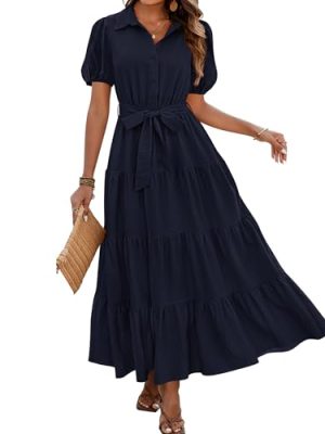Womens Summer Dresses 2025 Short Sleeve Button Tie Waist Beach Vacation Clothes Boho Flowy Tiered Maxi Sundress