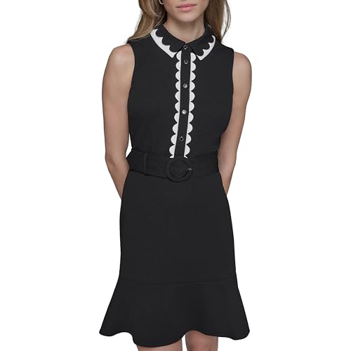31-ccRkGVZL.jpg Women's Belted Sleeveless Scallop Trim Collared A-line Mini Dress