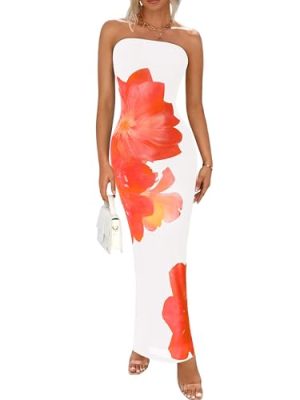 Women Summer Strapless Maxi Dress Bodycon Floral Sexy Long Wedding Guest Dress Formal Tube Mesh Cocktail Dresses
