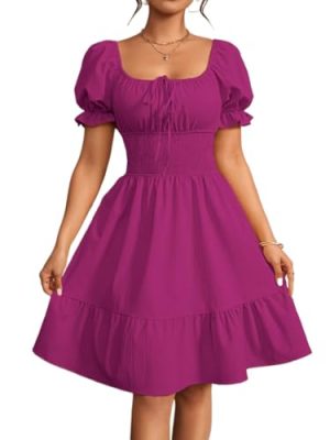 Women's Boho 2025 Summer Mini Dress, Square Neck Front Tie Puff Sleeve Casual Mini Dress