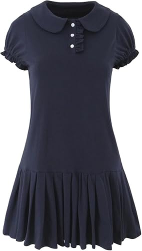 3147kx7aGxL.jpg Women's Retro Pleated Knit Mini Dress Preppy Collared Short Summer