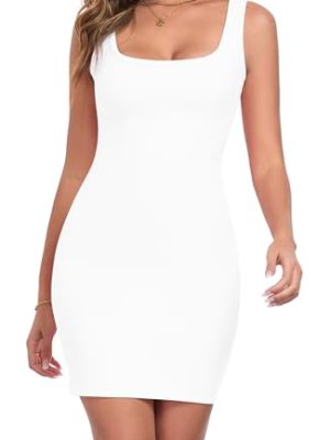 Summer Dresses for Women Sexy Mini Dress Ribbed Knit Fitted Square Neck Bodycon Party Club Tank Dresses