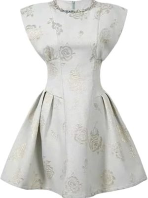 Women's Sparkly Floral Print Evening Dress Sleeveless O-Neck Slim A-Line Party Birthday Mini Dresses