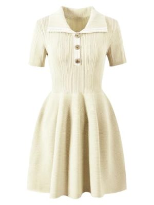 Women Summer Short Sleeve Blue Turn Down Collar Mini Daily Knitted Sweater Dress
