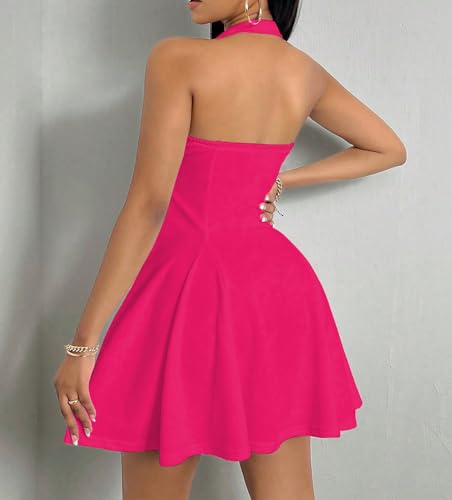 318bw7x8-WL.jpg Women's 2025 Summer Dress Sleeveless Halter Neck Sundress Backless Flared Short Mini Beach Dress