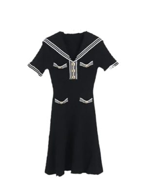 Women Summer Knitted Short Sleeve Striped Turn Down Collar White Mini Sweater Dress