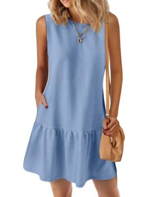 Casual Short Summer Dresses for Women 2025 Sleeveless Crewneck Cute Ruffle Loose Vacation Mini Tshirt Dress