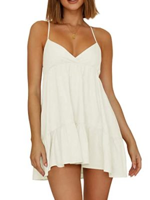 Womens V Neck Crisscross Backless Dresses Tie Back Sleeveless Ruffle Hem Flowy Swing A-Line Vintage Summer Mini Dress