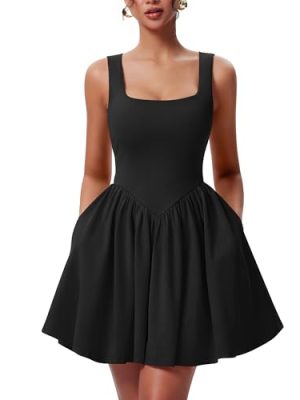 Women's Summer Sleeveless Square Neck A-line Ruffle Hem Mini Tank Dress with Pockets