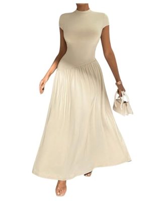 Women's Summer Maxi Dress Modest Mock Neck Cap Sleeve A Line Flowy Elegant Long Dresses