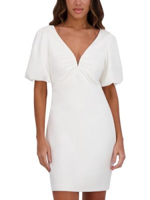 Women's Short Puff Sleeve Ruched V-Neck Shift Mini Dress
