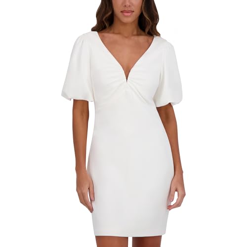 Women's Short Puff Sleeve Ruched V-Neck Shift Mini Dress