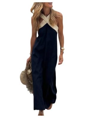 Women's Summer Maxi Dress Criss Cross Halter Sleeveless Color Block Flowy Long Dresses
