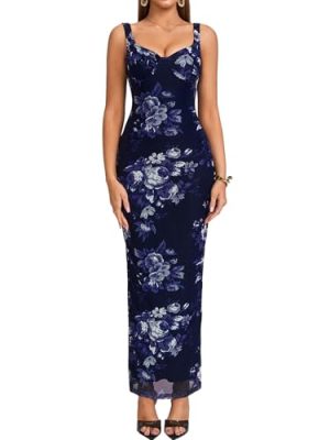 Women Summer Floral Bodycon Maxi Dress V Neck Halter Sleeveless Casual Wedding Guest Party Elegant Long Dresses