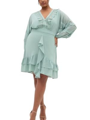 Women's Plus Size Dress - V Neck Frill Front Mini