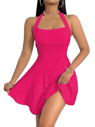 31P9IE0L.jpg Women's 2025 Summer Dress Sleeveless Halter Neck Sundress Backless Flared Short Mini Beach Dress