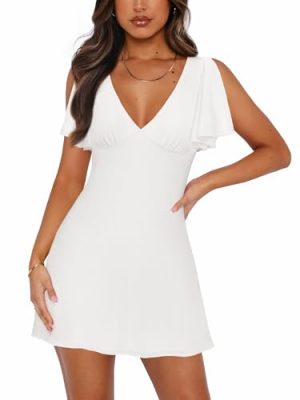 Women's Sexy Deep V-Neck Ruffle Sleeve Mini Dresses Summer Casual Bodycon Beach Cocktail Party Club Short Dress