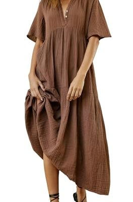 Womens Summer Cotton Flowy Maxi Dress Short Sleeve V Neck Empire Waist Boho Tiered Ruffle Casual Loose Long Dresses