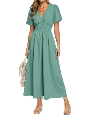 Simplee Women's Summer Flowy Midi Dress Casual V Neck Short Sleeve Empire Waist Boho Beach Dress Wedding Guest Maxi Dress