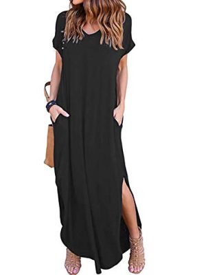 Women's Summer Maxi Dress Short Sleeve V Neck Casual Loose Long Beach Split Dresses with Pockets