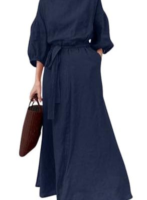 Women Elegant Long Dress Boat Neck 3/4 Lantern Sleeve Cotton Linen Dress with Belt