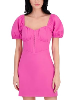 Women's Short Puff Sleeve Square Neck Stretch Woven Corset Mini Dress