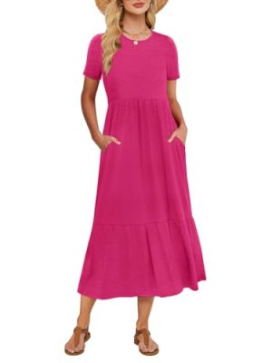Women's Summer Maxi Dress 2025 Casual Short Sleeve Crewneck Flowy Swing Tiered Long Beach Dresses with Pockets