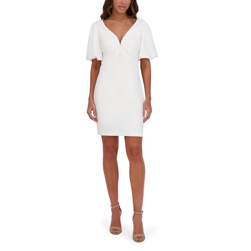 Women's Short Puff Sleeve Ruched V-Neck Shift Mini Dress