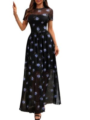 Women's Mesh Dress Short Sleeve Round Collar Floral Print Waist-Cinched Maxi Summer Casual Dresses