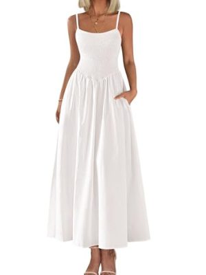 Women's Smocked Maxi Dresses 2025 Summer Beach Sundress Casual Spaghetti Strap Swing A Line Long Flowy Dress