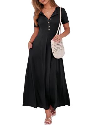 Women Summer Maxi Dress 2025 Casual Short Sleeve Button Fit & Flare A-Line Flowy Long Dresses with Pockets