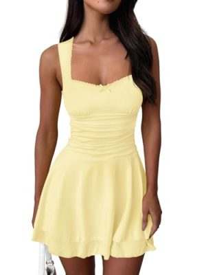 Women's Square Neck Ruffle Hem Mini Dresses Ruched Waist Slim Sleeveless Corset Dress for Women Summer Short Party Dress