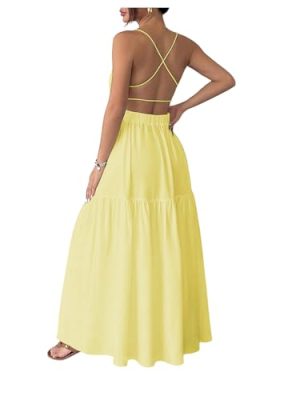 Women's Summer Maxi Dress Criss Cross Backless Spaghetti Strap Ruffle Flowy Long Cami Dresses Sundress