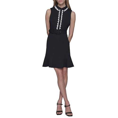 31hKYZ3JzBL.jpg Women's Belted Sleeveless Scallop Trim Collared A-line Mini Dress