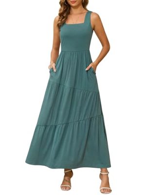 2025 Summer Sleeveless Long Beach Sundress Square Neck Tank Top Tiered Maxi Dress with Pockets