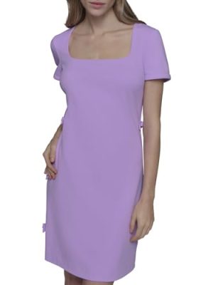 Womens Short Sleeve Square Neck Bow Embellished Shift Mini Dress