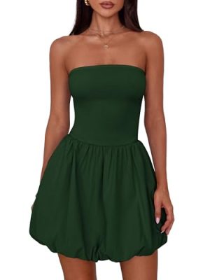 Womens Strapless Bubble Mini Dress Summer Tube Top Sundress Casual Off Shoulder A Line Party Short Dresses Vacation