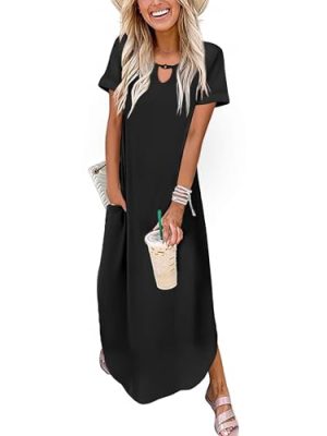 Womens Maxi Summer Dress with Pockets Casual Short Sleeve Sundress Trendy 2025 Curve Hem Long Dresss
