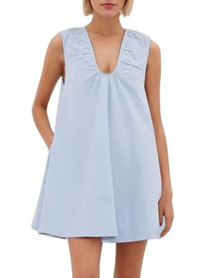 Women's Sleeveless Babydoll Tank Mini Dress Scoop Neck Ruched Short Dress with Pockets