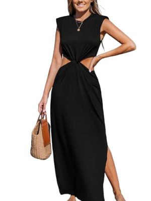 Women’s Summer Maxi Dresses Sleeveless Cutout Side Slit Long Casual Dress with Padded Shoulders