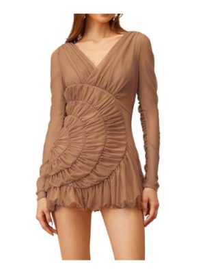 Solid Sheer Spliced Crimping Sexy Dresses for Women V Neck Long Sleeves Clothing