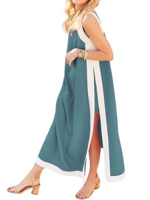 Women's 2 Piece Sets Boho Color Block Sleeveless Maxi Dress Matching Shorts with Pockets