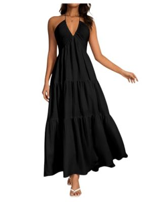 Women's V Neck Tie Backless Halter Dress Ruched Flowy Wedding Vacation Maxi Dresses