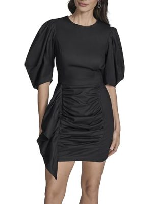 Women's 3/4 Puff Sleeve Jewel Neck Ruched Sheath Mini Dress