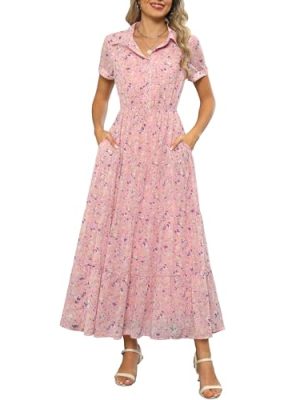 Women 2025 Summer Fall Collared V Neck Short Sleeve Button Down Chiffon Long Tiered Floral Maxi Dress with Pockets