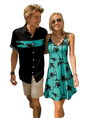 Couple Matching Hawaiian Outfits Palm Tree Print Vacation V Neck Dress or Men's Short Sleeve Button Up Shirt
