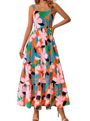 Women's Summer Floral Maxi Dress Sleeveless Smocked Ruffle Long Flowy Beach Vacation Boho Sundresses
