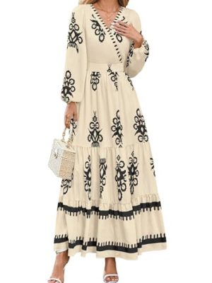 Women's 2025 Fall Wedding Guest Dresses Boho Floral Long Sleeve V Neck Flowy Elegant Maxi Dress Beach Clothes