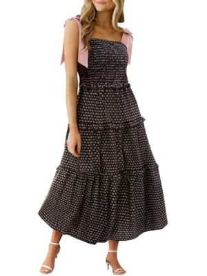 Womens Summer Floral Maxi Dress Smocked Tie Shoulder Boho Sleeveless Ruffle Tiered Casual Beach Dresses