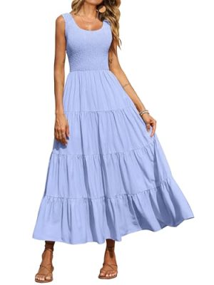 Women's 2025 Casual Loose Plain Maxi Sundress Smocked Tank Dress Sleeveless Summer Beach Tiered Long Dresses